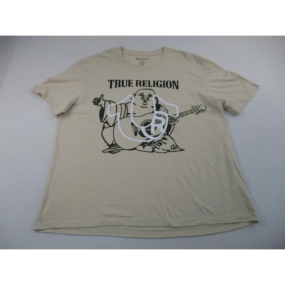 True Religion T-Shirt Mens 3XL Beige Buddha Guitar Horseshoe Graphic 70105BRT